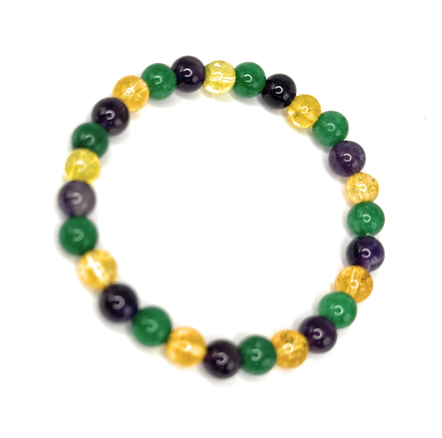 Mardi Gras Colors - Emerald Green Quartz, Citrine, Amethyst Bracelet - 6mm | Handmade, Stretch