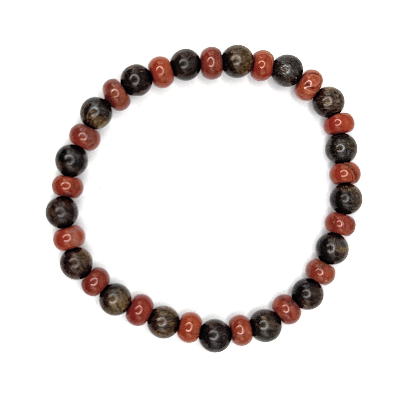 Bronzite, Red Jasper Beaded Bracelet - 6mm | Handmade, Stretch