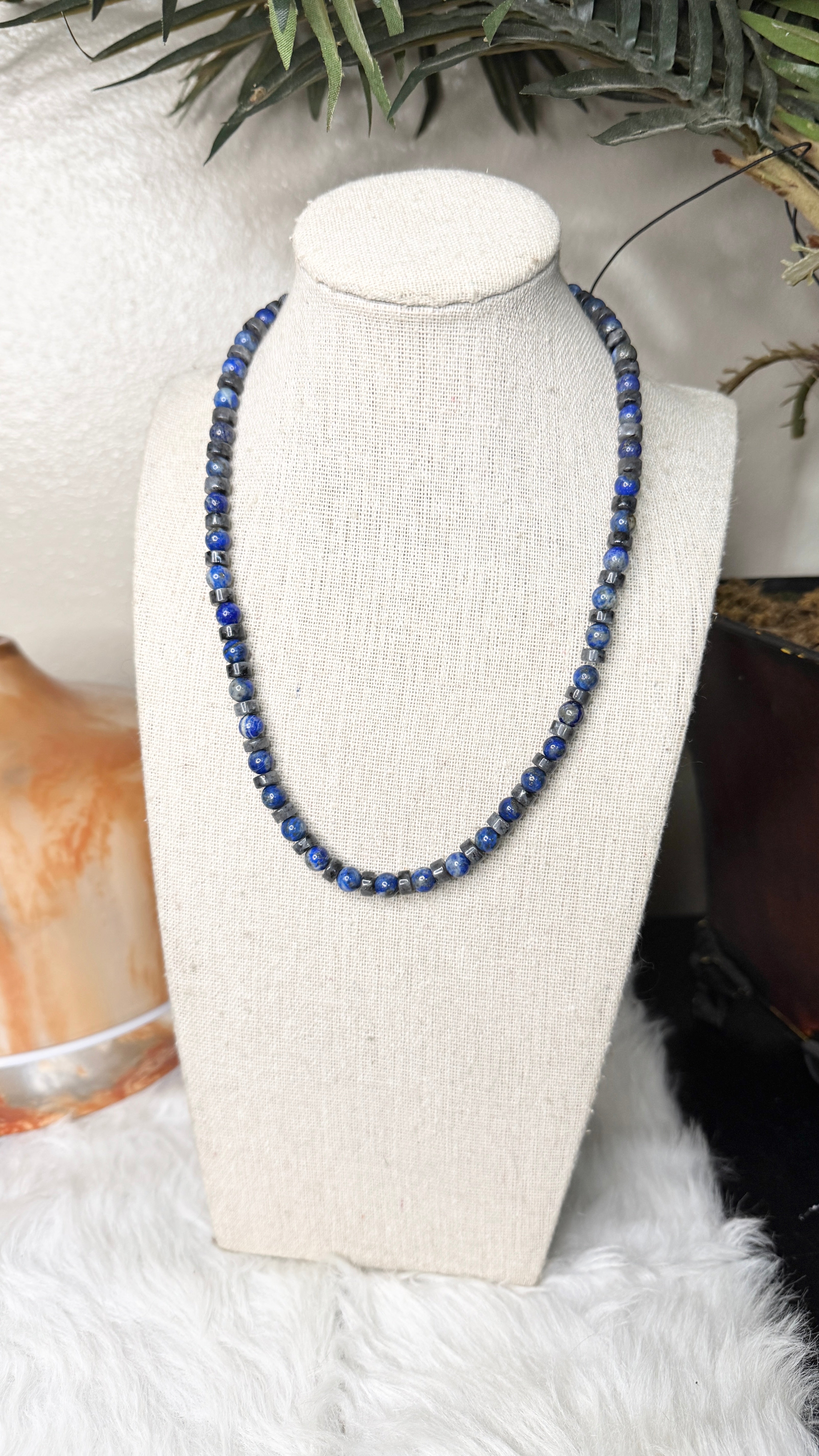 Lapis Lazuli, Heishi Labradorite Beaded Necklace- 6mm | Handmade, Stretch