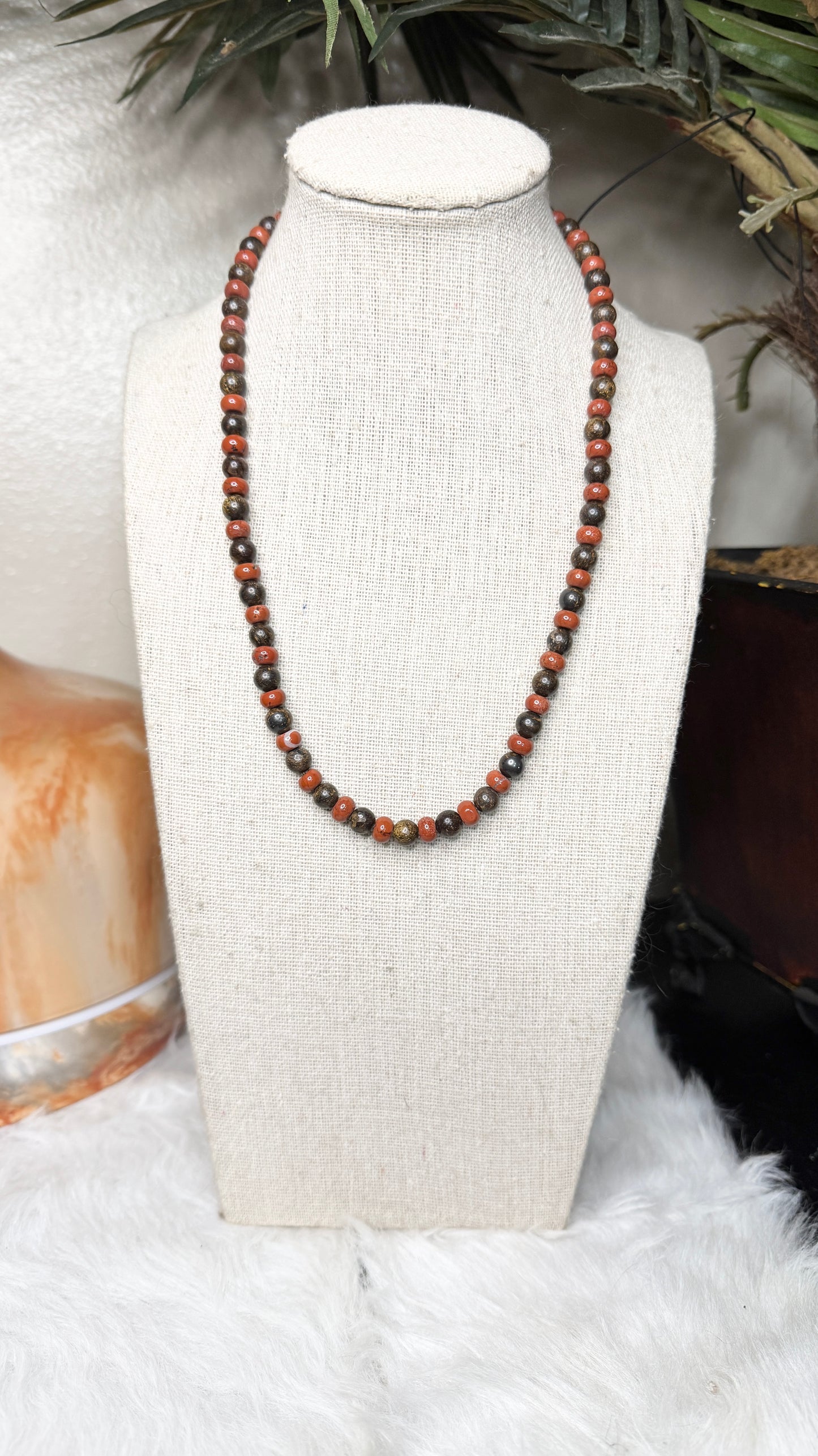 Bronzite, Red Jasper Beaded Necklace- 6mm | Handmade, Stretch