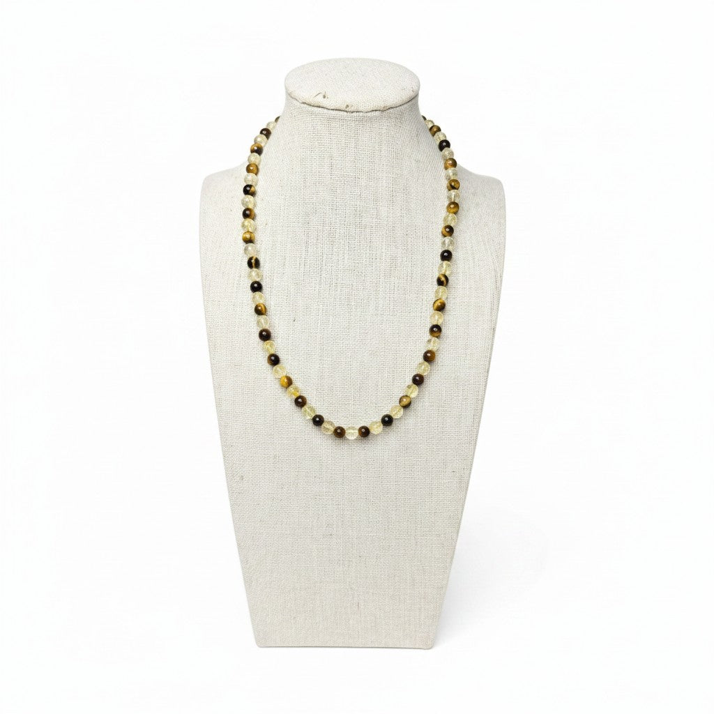 Tiger eye and citrine beaded stretch necklace on display bust