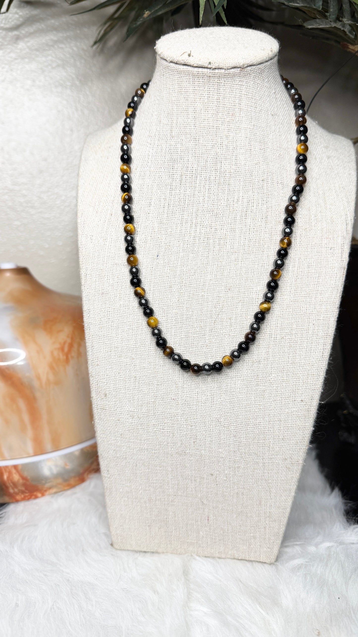 Black Onyx, Hematite, Tiger Eye Beaded Necklace – 6mm | Handmade, Stretch