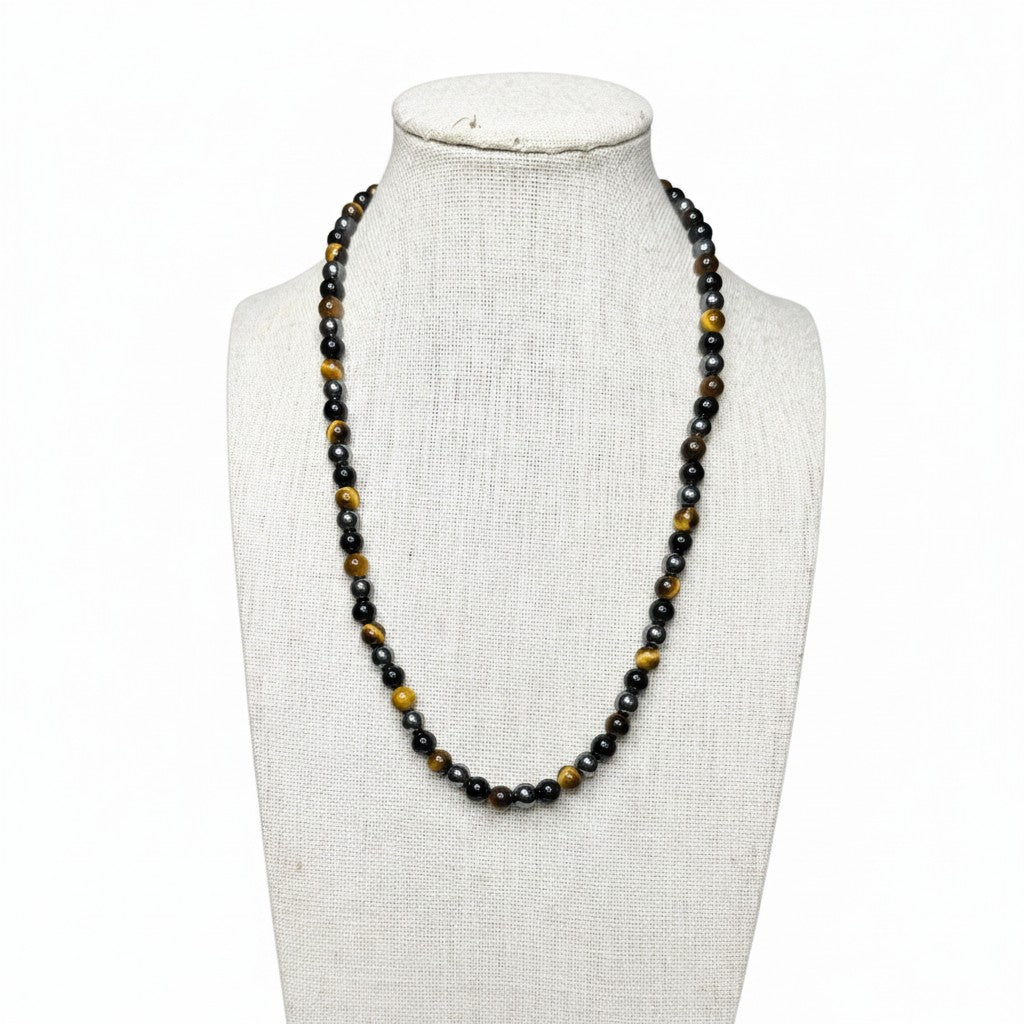 Black Onyx + Tiger Eye + Hematite Beaded Stretch Necklace 6mm | Protection Grounding Strength, Healing Crystal Jewelry, Gift for Him