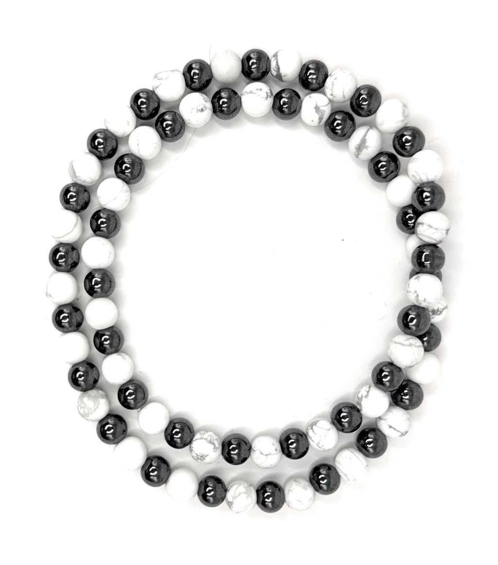 Matte White Howlite, Hematite Beaded Necklace- 6mm | Handmade, Stretch