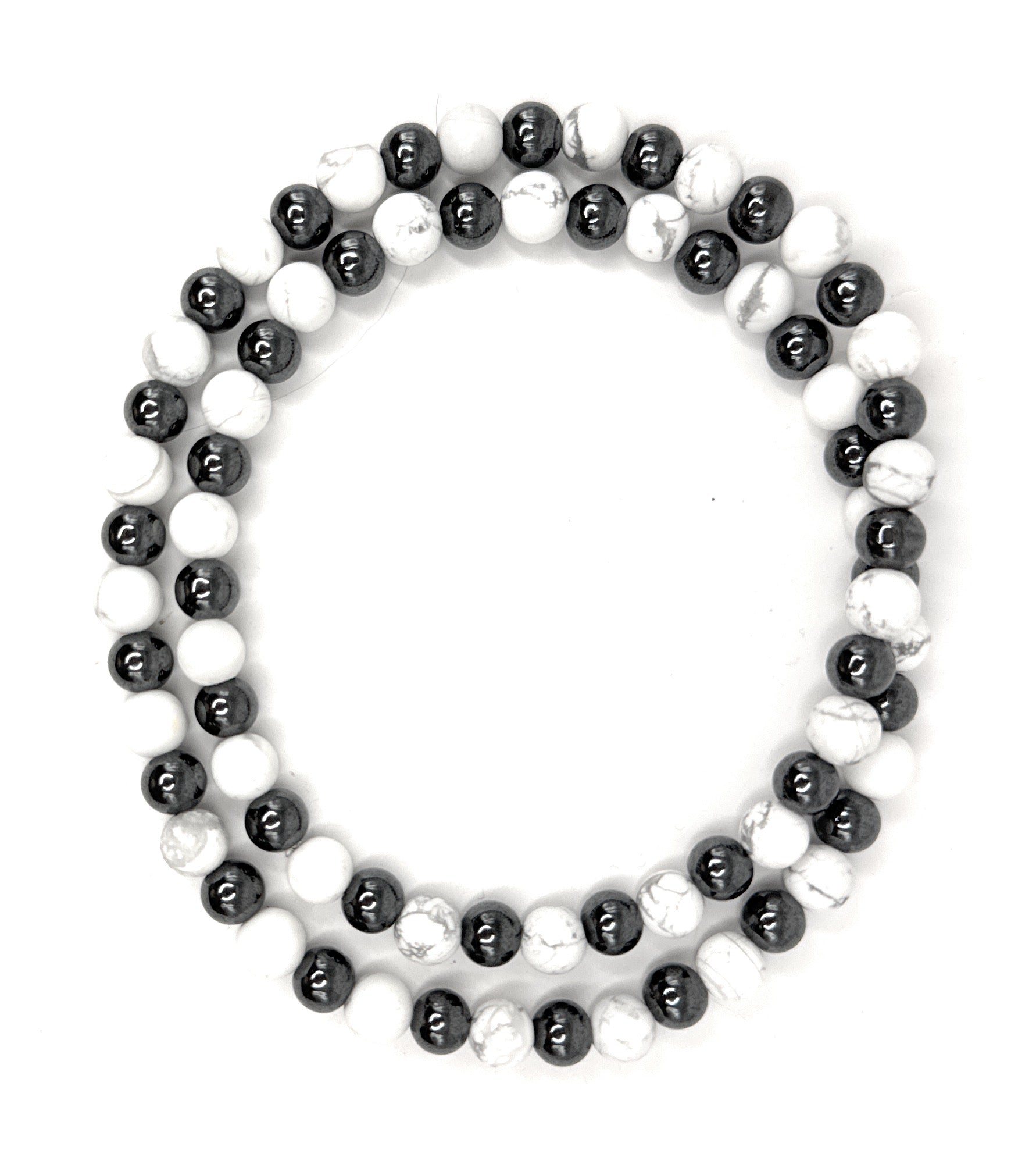 Matte White Howlite, Hematite Beaded Necklace- 6mm | Handmade, Stretch