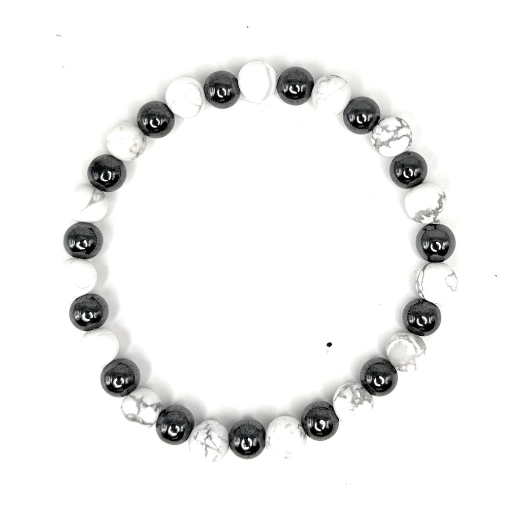 Matte White Howlite, Hematite Beaded Bracelet- 6mm | Handmade, Stretch