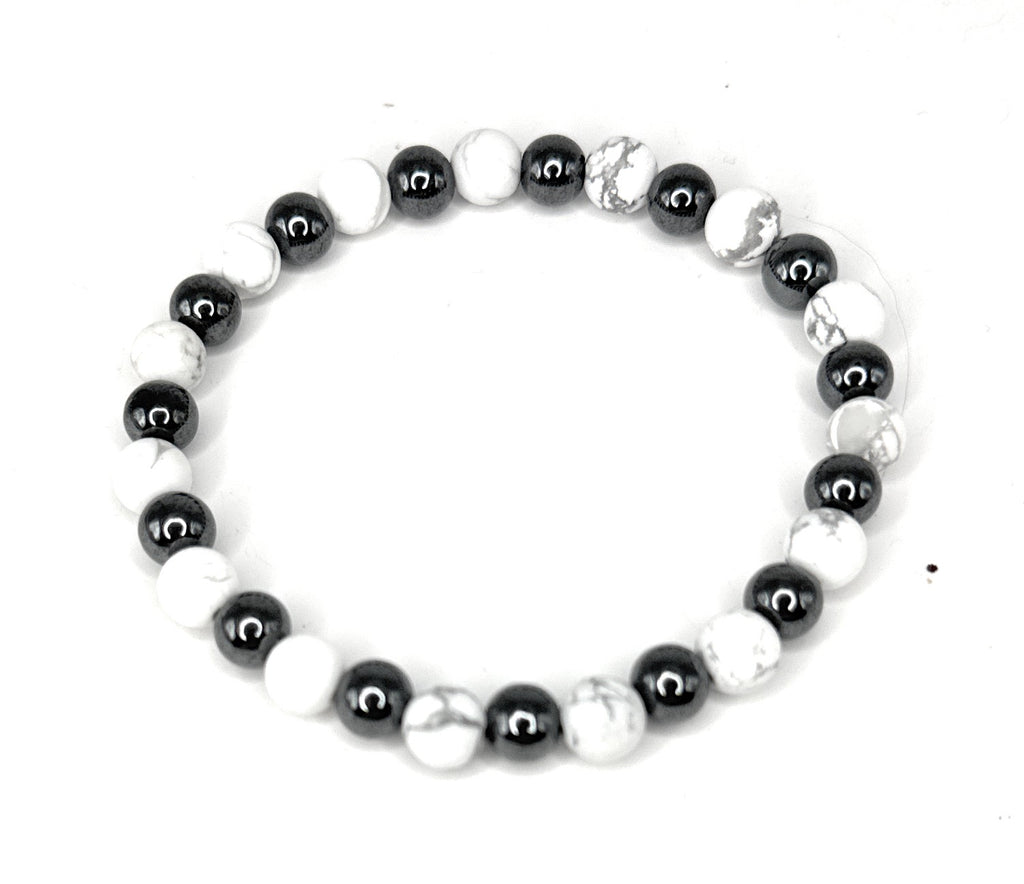 Matte White Howlite, Hematite Beaded Bracelet- 6mm | Handmade, Stretch