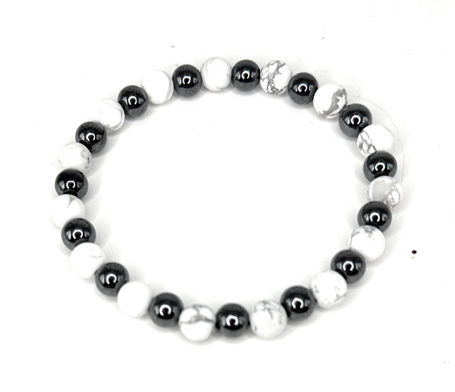Matte White Howlite, Hematite Beaded Bracelet- 6mm | Handmade, Stretch