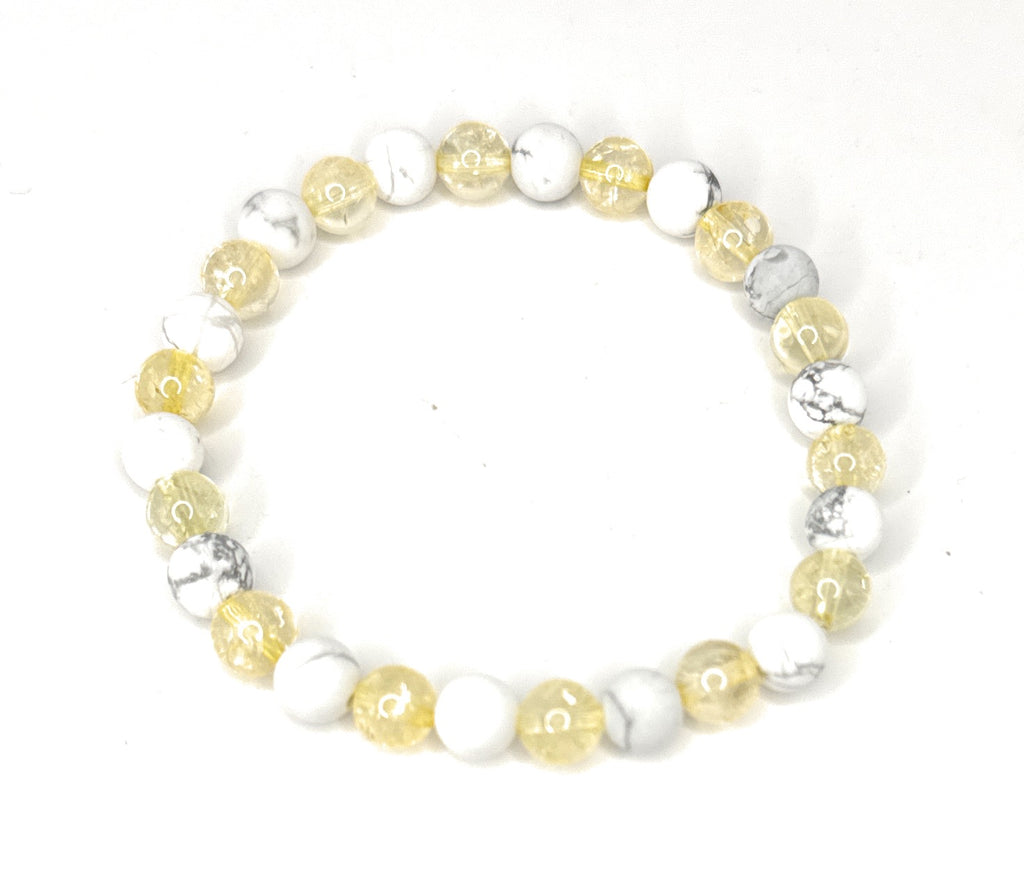 Matte White Howlite, Citrine Beaded Bracelet- 6mm | Handmade