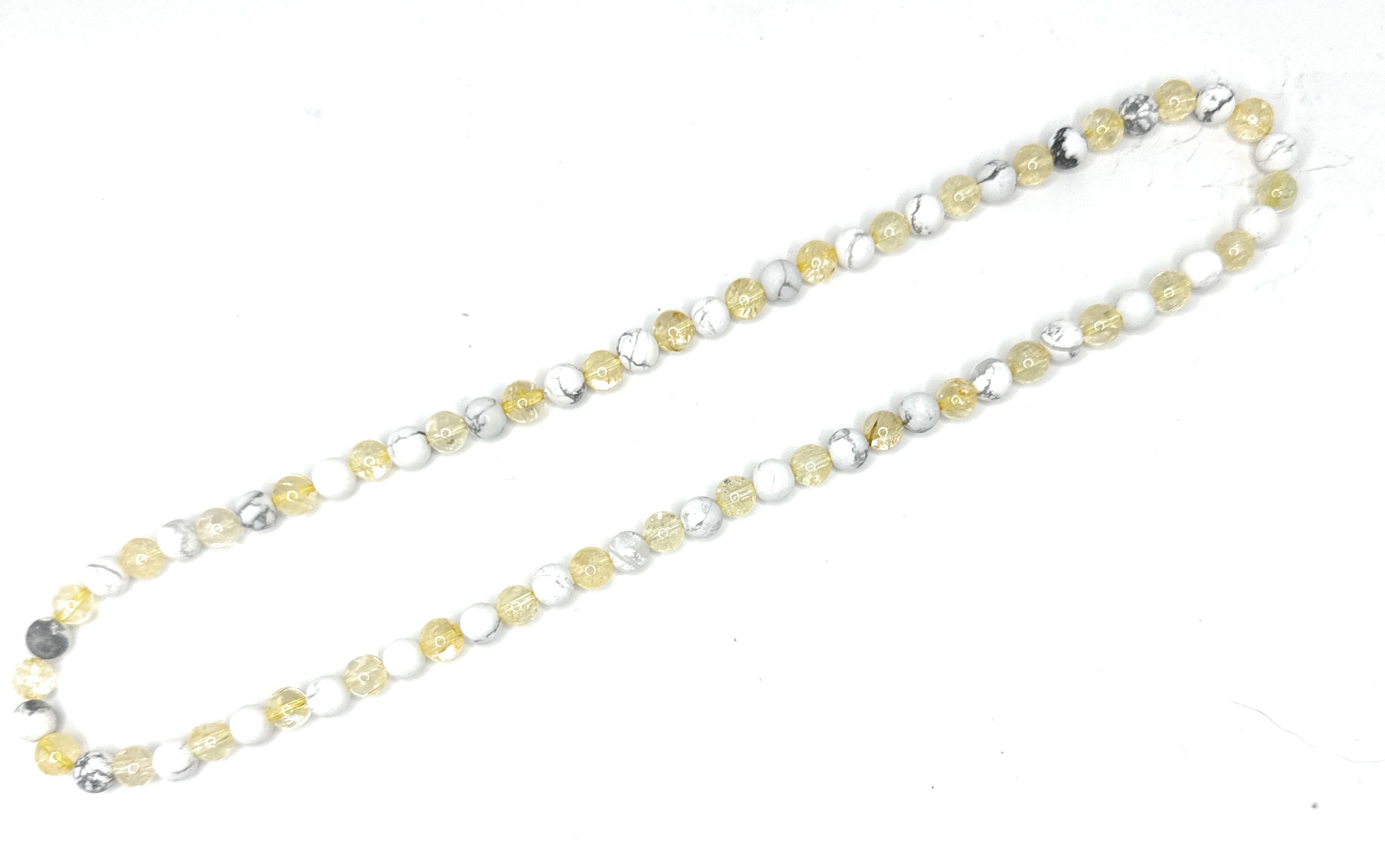 Matte White Howlite, Citrine Beaded Necklace- 6mm | Handmade, Stretch