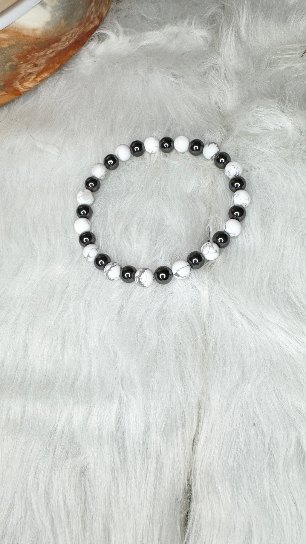 Matte White Howlite, Hematite Beaded Bracelet- 6mm | Handmade, Stretch
