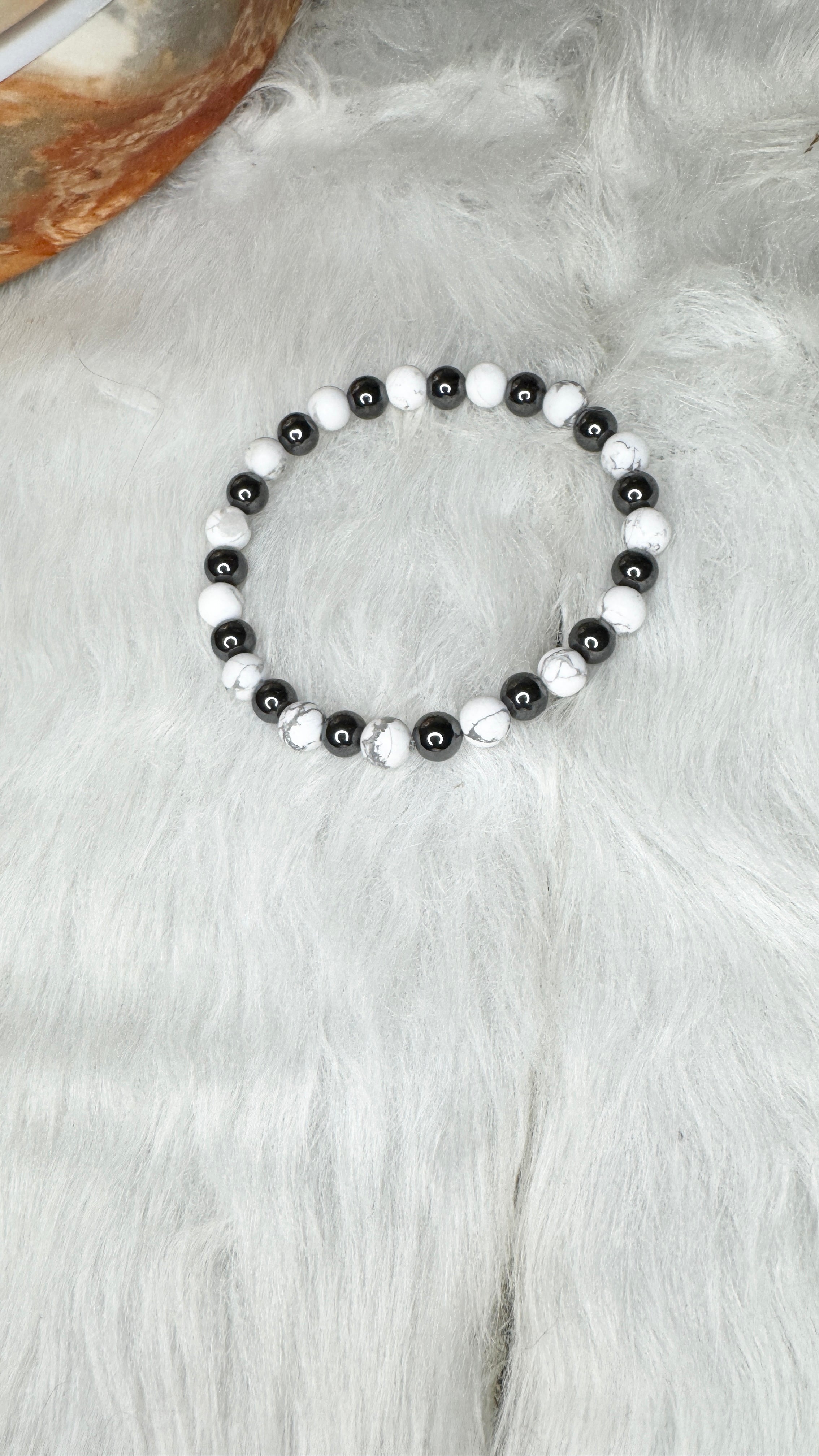 Matte White Howlite, Hematite Beaded Bracelet- 6mm | Handmade, Stretch