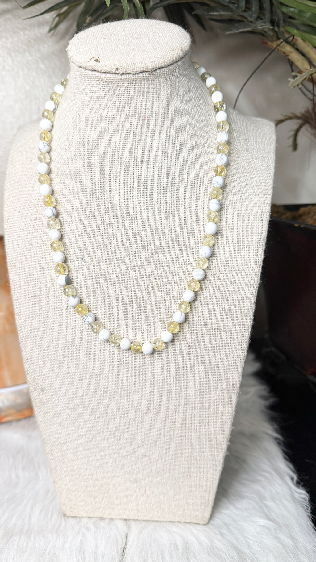 Matte White Howlite, Citrine Beaded Necklace- 6mm | Handmade, Stretch