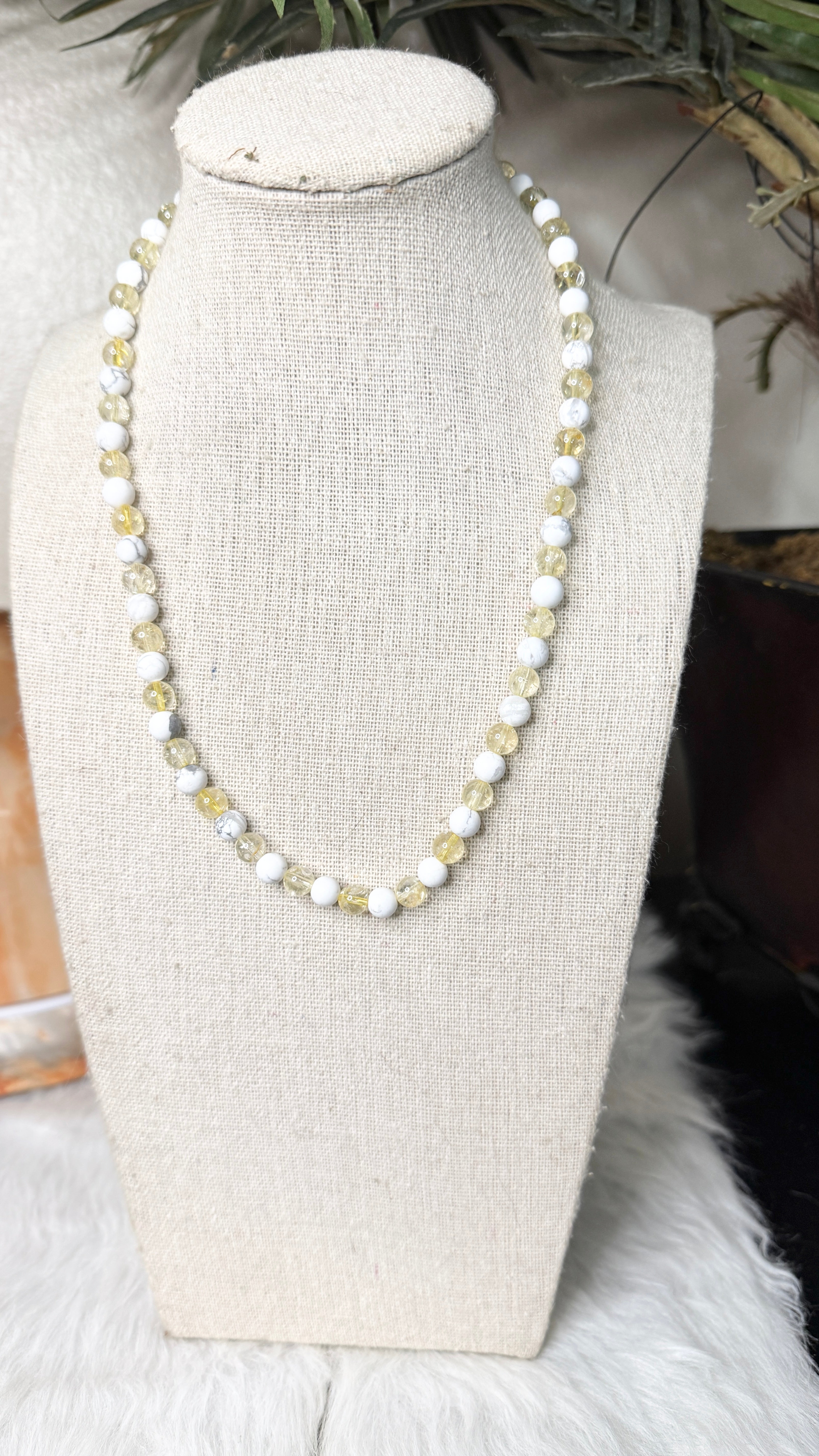 Matte White Howlite, Citrine Beaded Necklace- 6mm | Handmade, Stretch