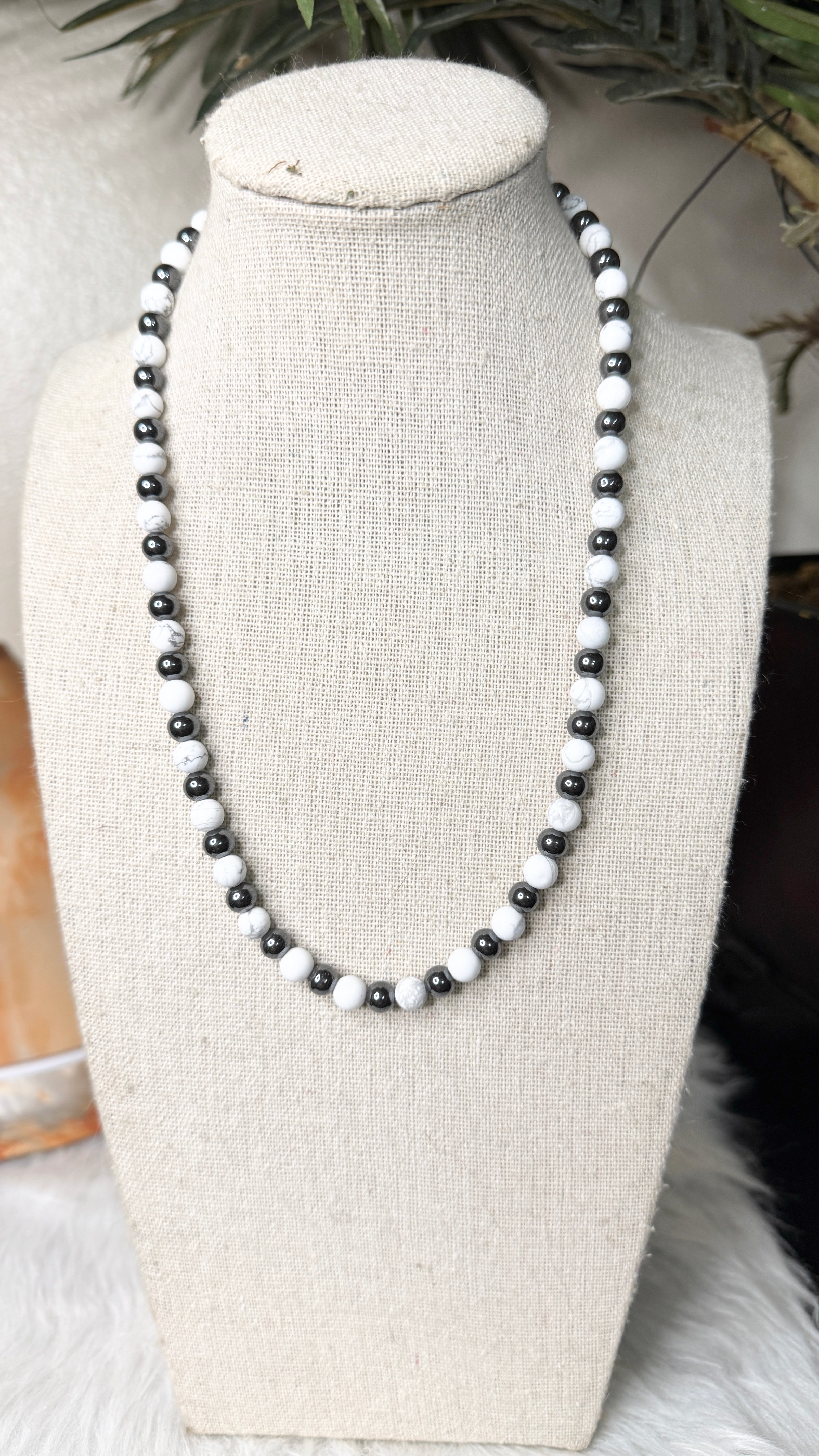 Matte White Howlite, Hematite Beaded Necklace- 6mm | Handmade, Stretch