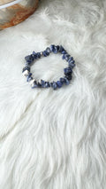 Sodalite chip beaded stretch bracelet, mixed dark blue and gray stone chips, elastic band