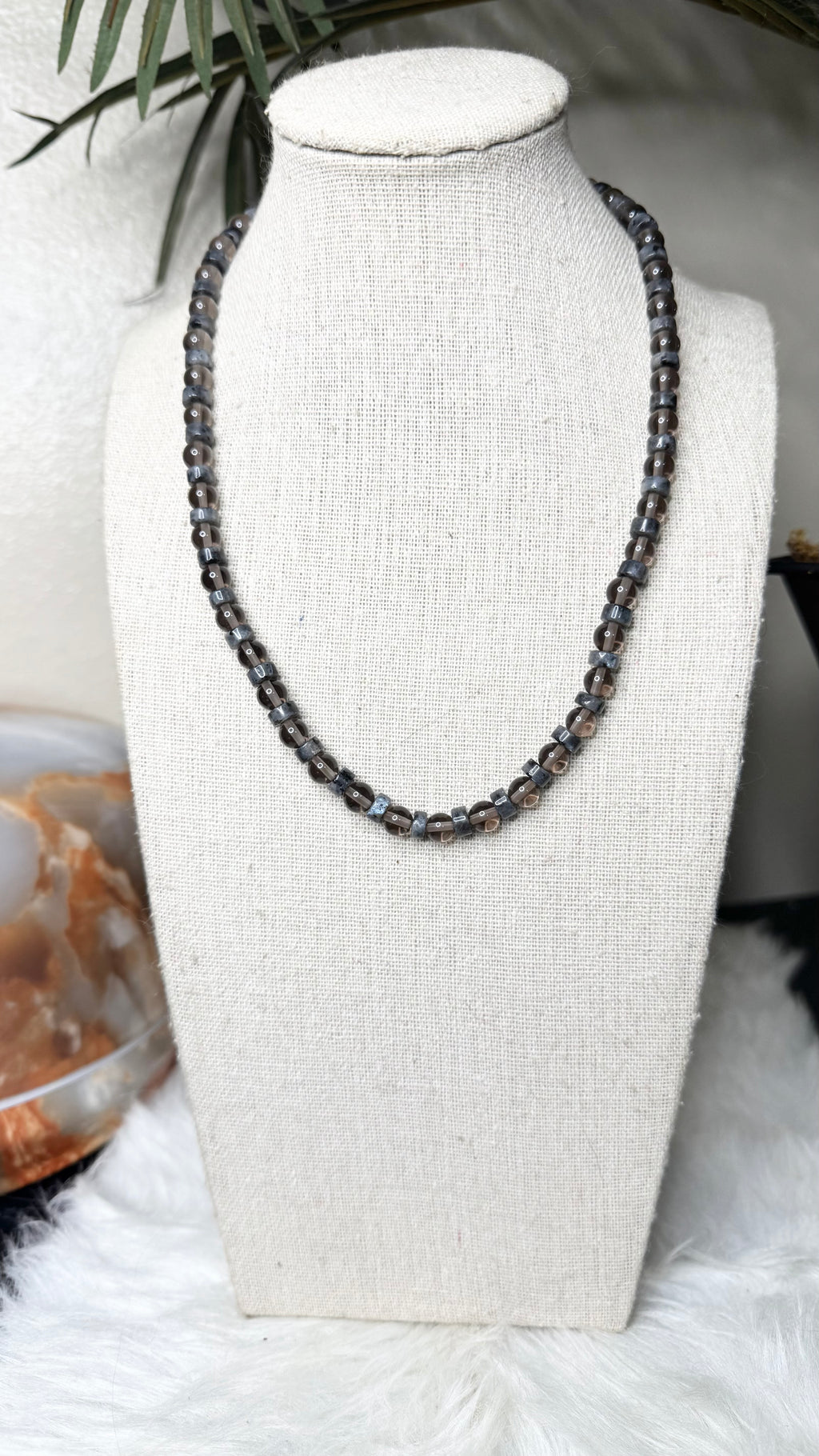Smoky Quartz, Labradorite Heishi Beaded Necklace – 6mm | Handmade, Stretch