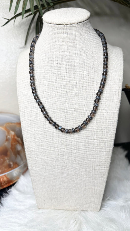 Smoky Quartz, Labradorite Heishi Beaded Necklace – 6mm | Handmade, Stretch
