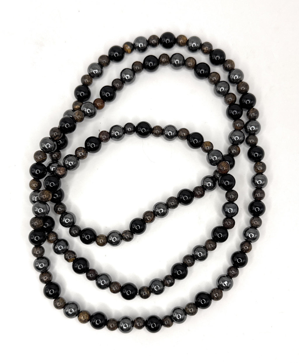 Black Onyx, Bronzite, Hematite Beaded Necklace – 6mm, 4mm | Handmade, Stretch