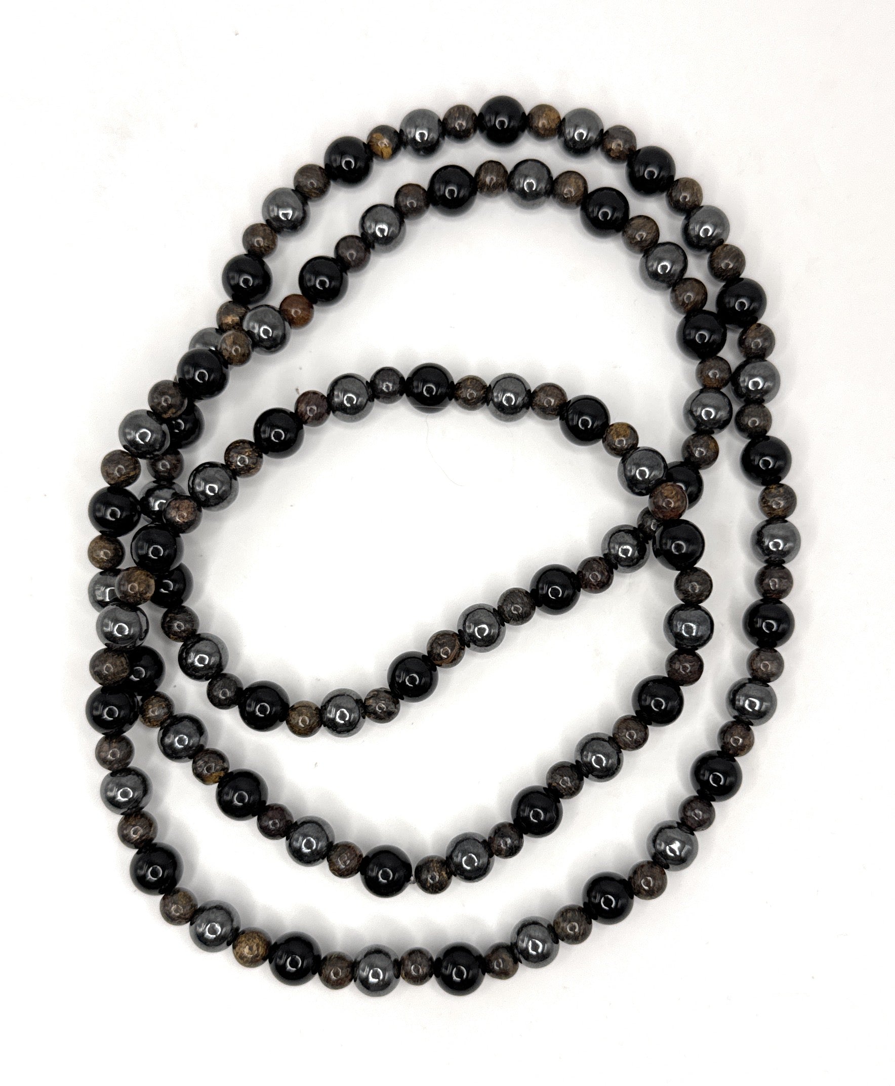 Black Onyx, Bronzite, Hematite Beaded Necklace – 6mm, 4mm | Handmade, Stretch