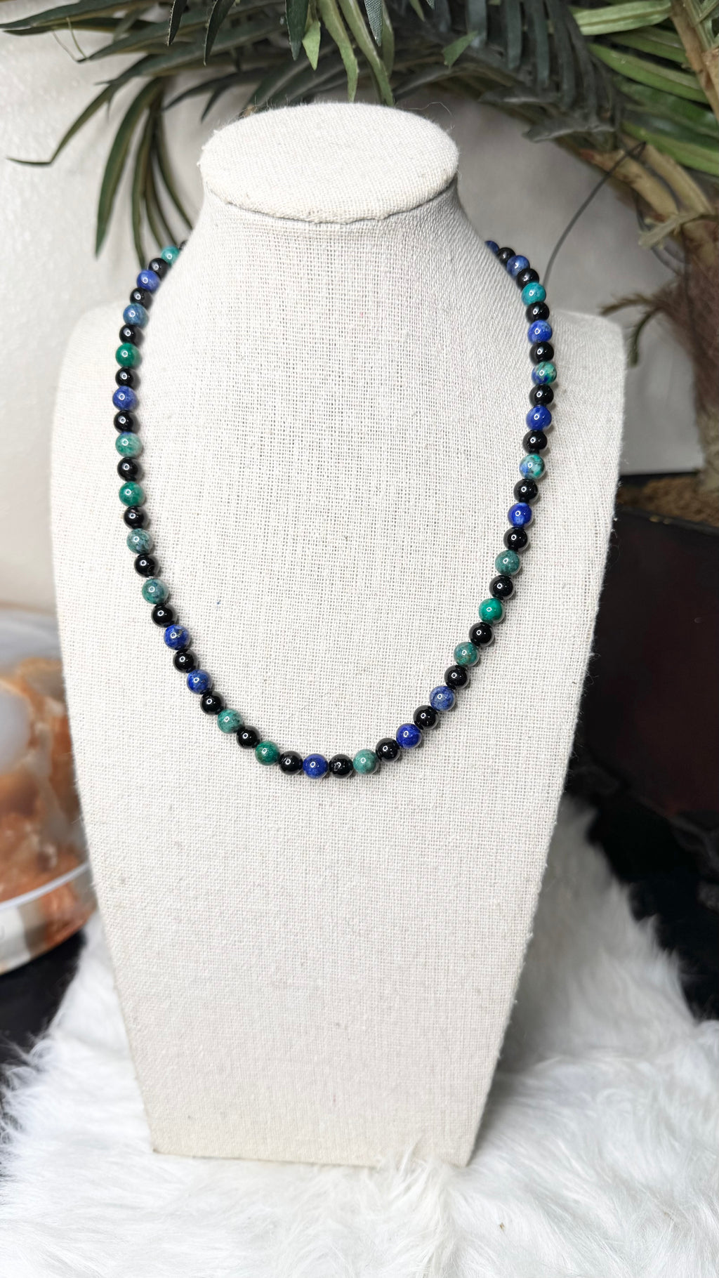 Azurite, Black Tourmaline Beaded Stretch Necklace – 6mm | Made to Order