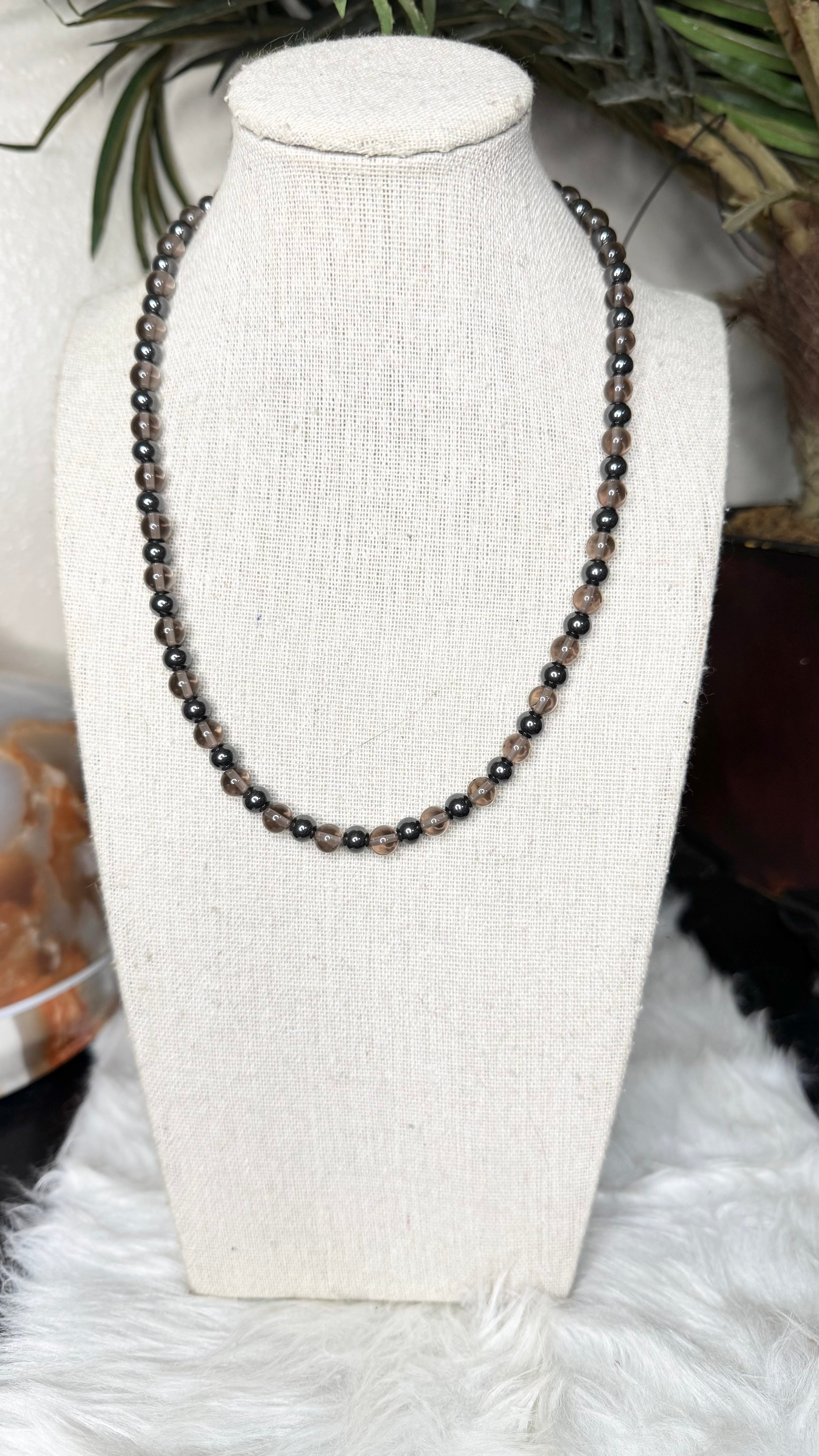 Hematite, Smoky Quartz, Beaded Necklace – 6mm | Handmade, Stretch