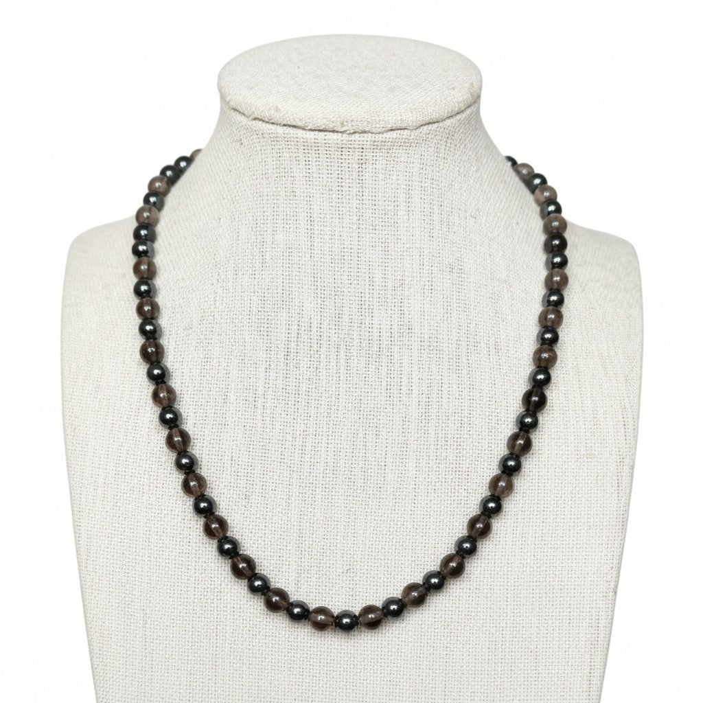 Smoky Quartz + Hematite Beaded Stretch Necklace 6mm | Grounding Clarity Stress Relief, Healing Crystal Jewelry, Gift for Her