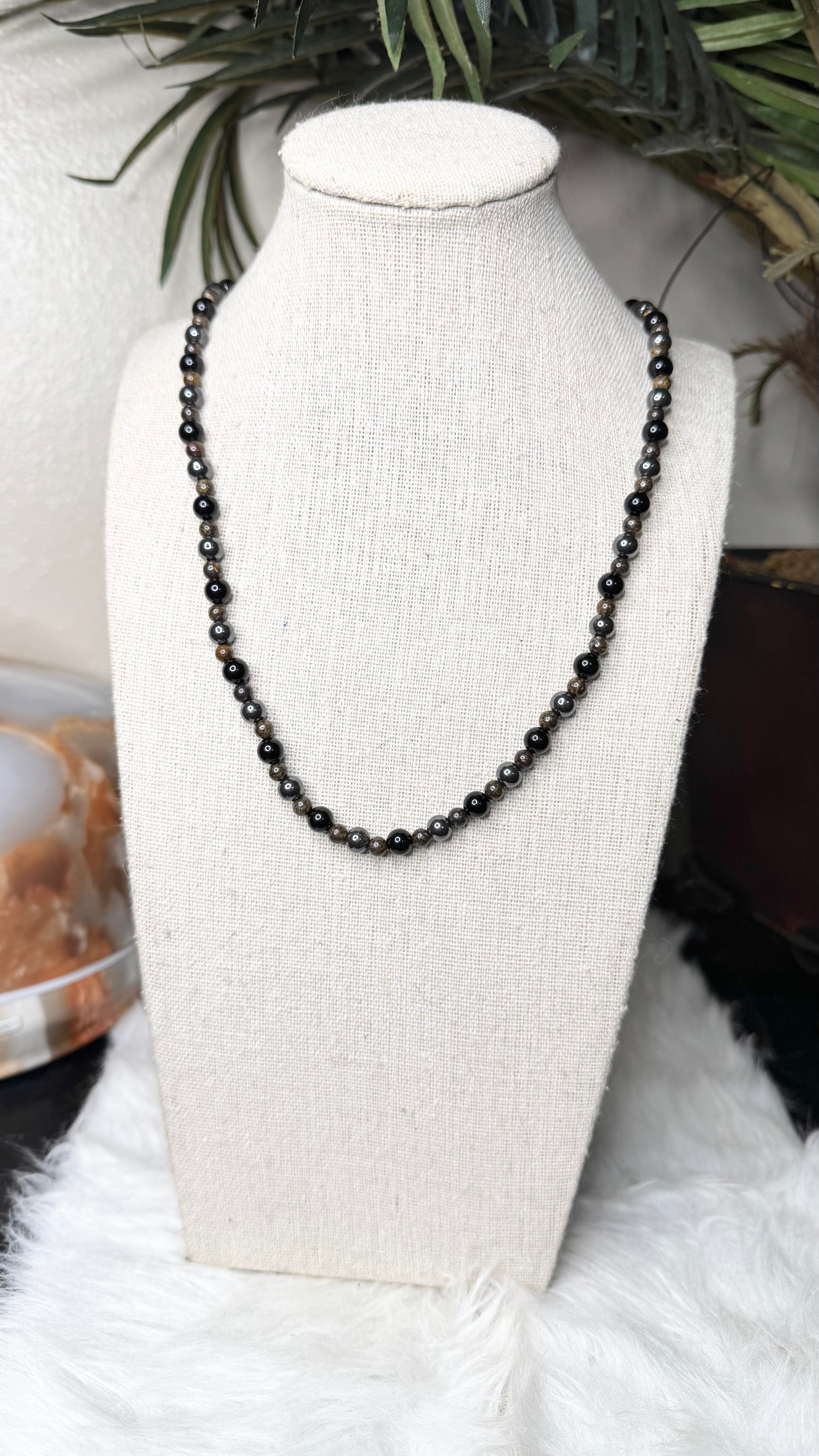 Black Onyx, Bronzite, Hematite Beaded Necklace – 6mm, 4mm | Handmade, Stretch