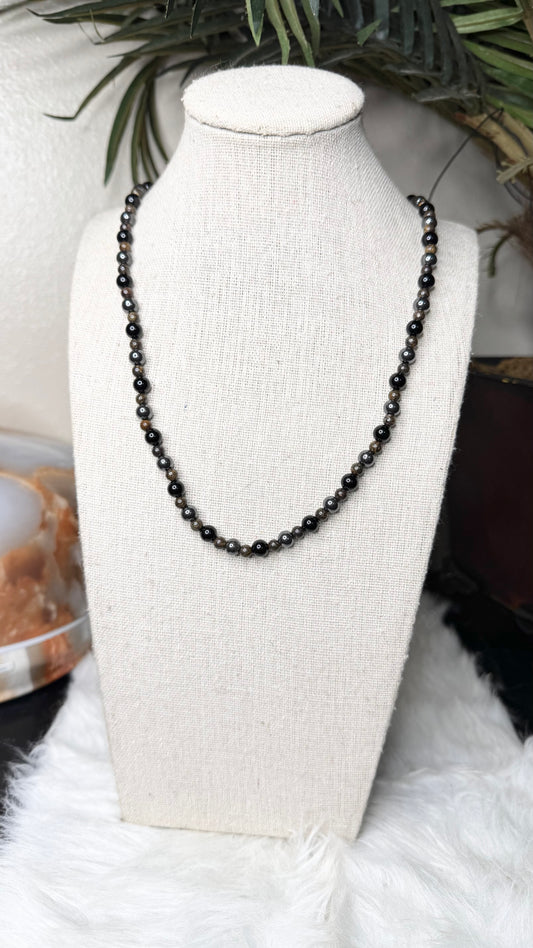 Black Onyx, Bronzite, Hematite Beaded Necklace – 6mm, 4mm | Handmade, Stretch