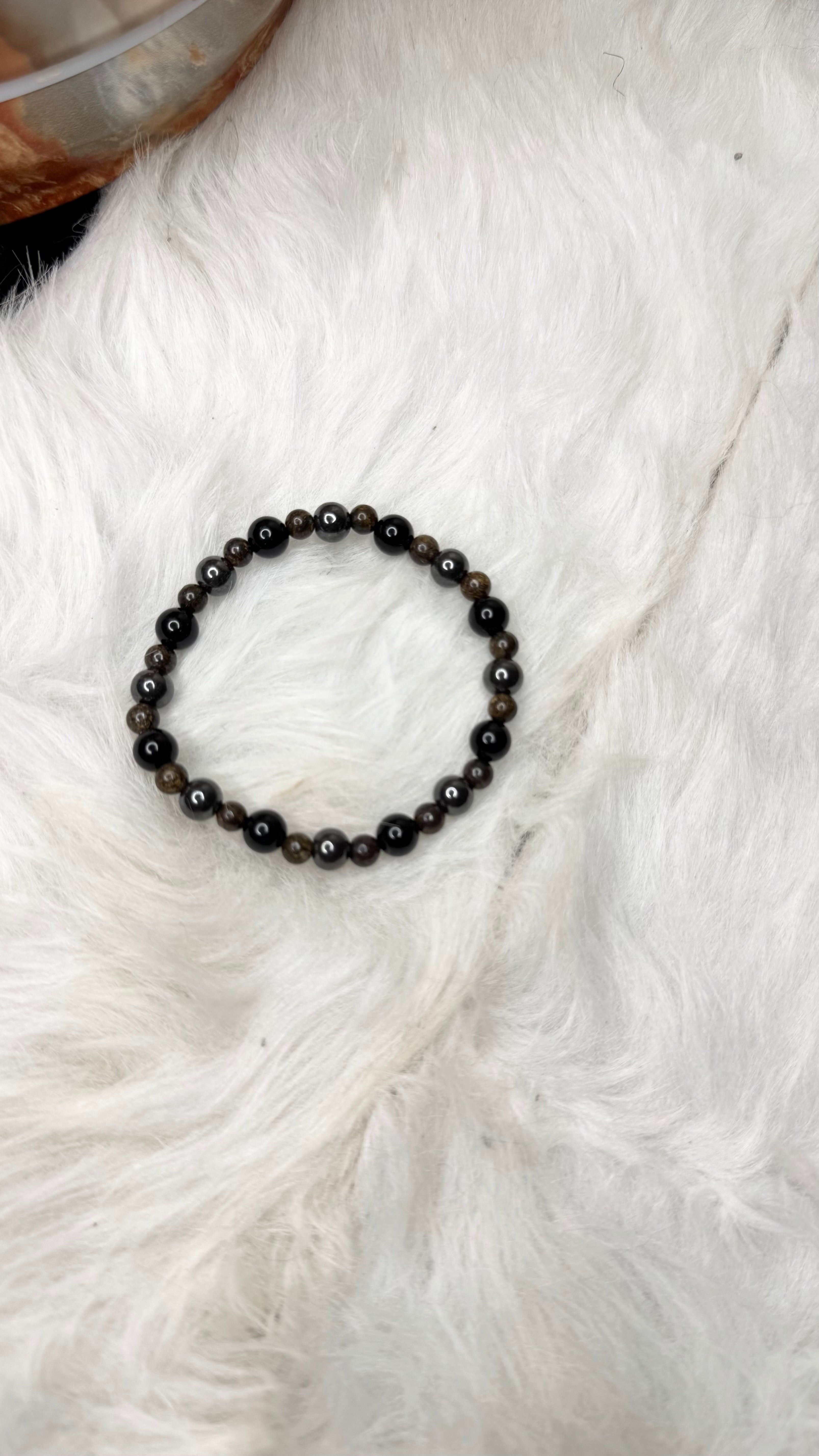 Black Onyx, Bronzite, Hematite Beaded Bracelet – 6mm, 4mm | Handmade, Stretch (Copy)