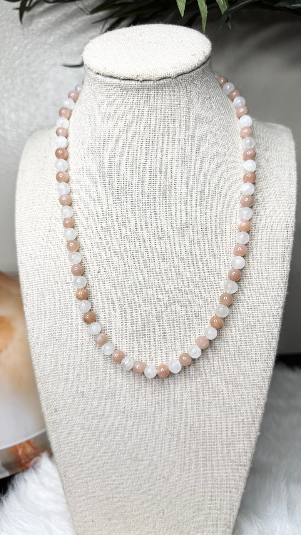 Peach, Rainbow Moonstone Beaded Necklace - 6mm | Handmade, Stretch