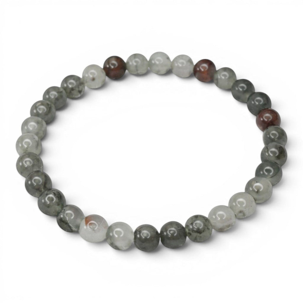 Shop of Small Creations, LLC African Bloodstone beaded stretch bracelet with 6mm natural gemstone beads in grey and red tones.