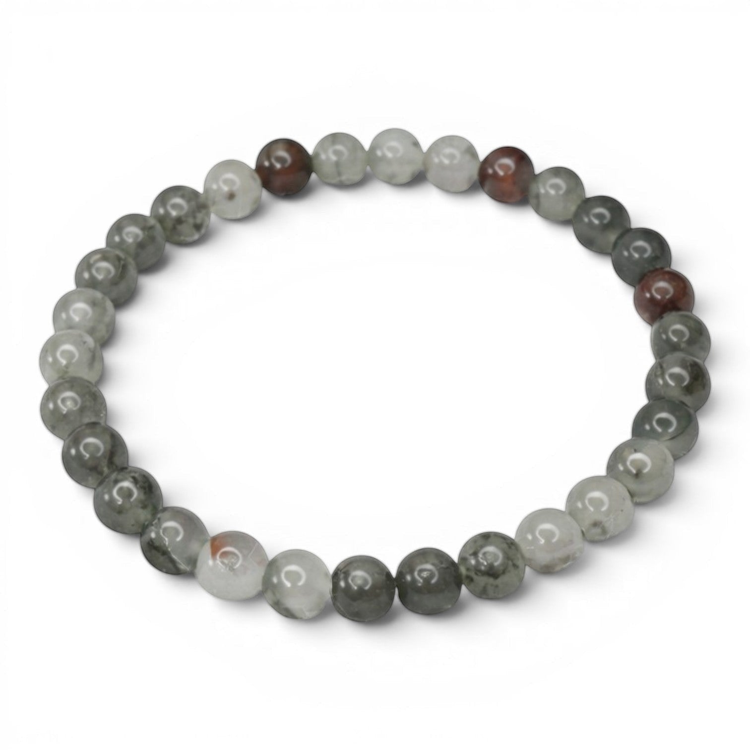 Shop of Small Creations, LLC African Bloodstone beaded stretch bracelet with 6mm natural gemstone beads in grey and red tones.