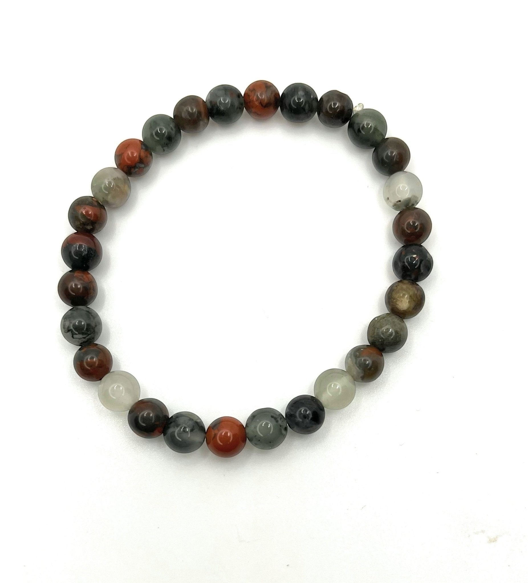 Shop of Small Creations, LLC African Bloodstone beaded stretch bracelet with 6mm natural gemstone beads in red, green, grey, and white.