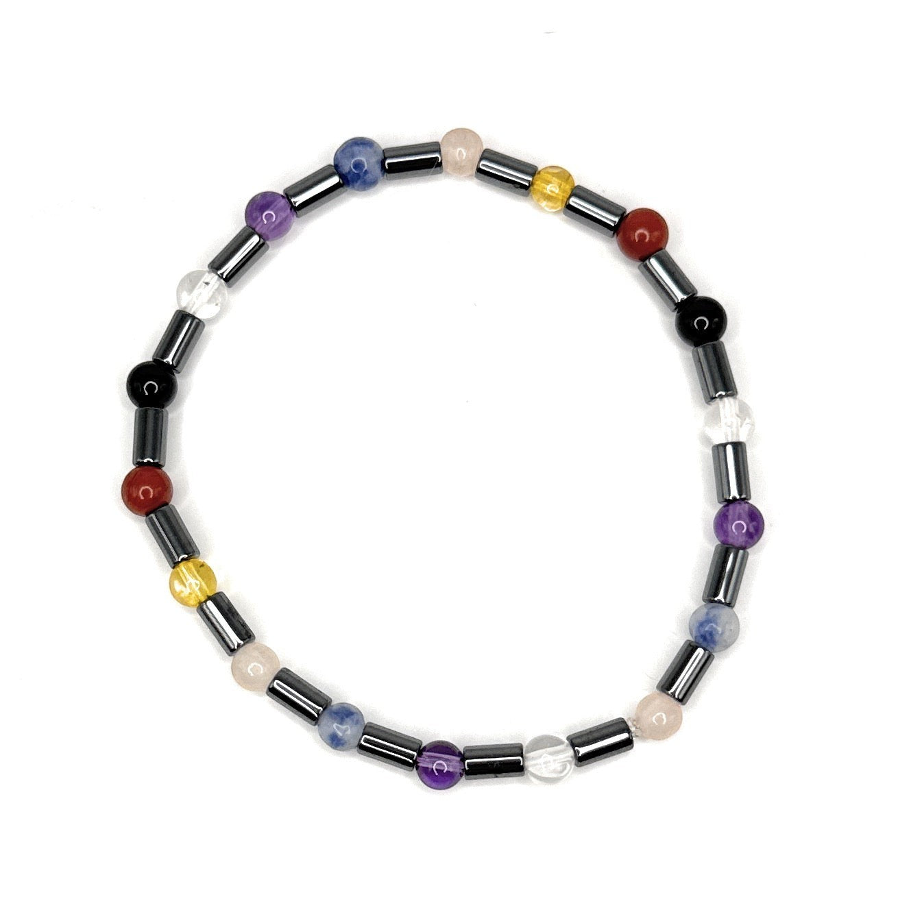 Shop of Small Creations, LLC 7 chakra beaded stretch bracelet with 4mm gemstones and hematite spacers. Features clear quartz, amethyst, sodalite, rose quartz, citrine, red jasper, and black onyx.