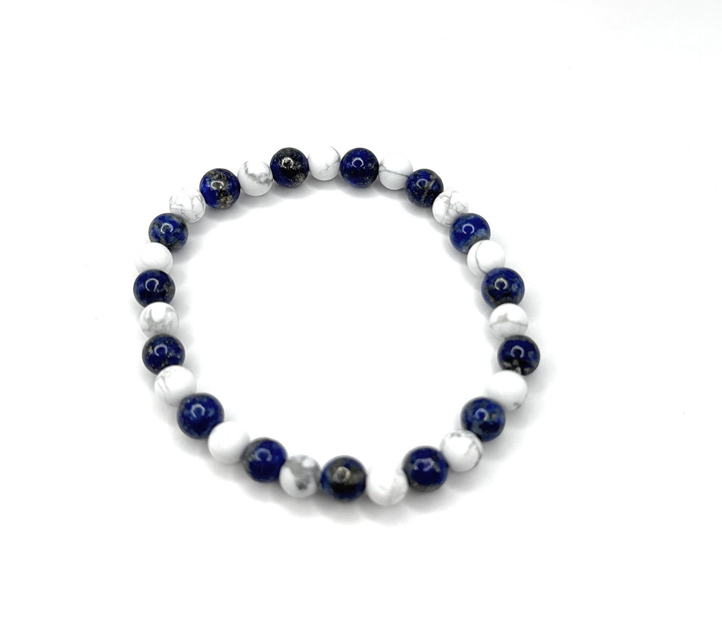Shop of Small Creations, LLC bracelet with 6mm Lapis Lazuli and matte white Howlite beads. No clasp, made to order.