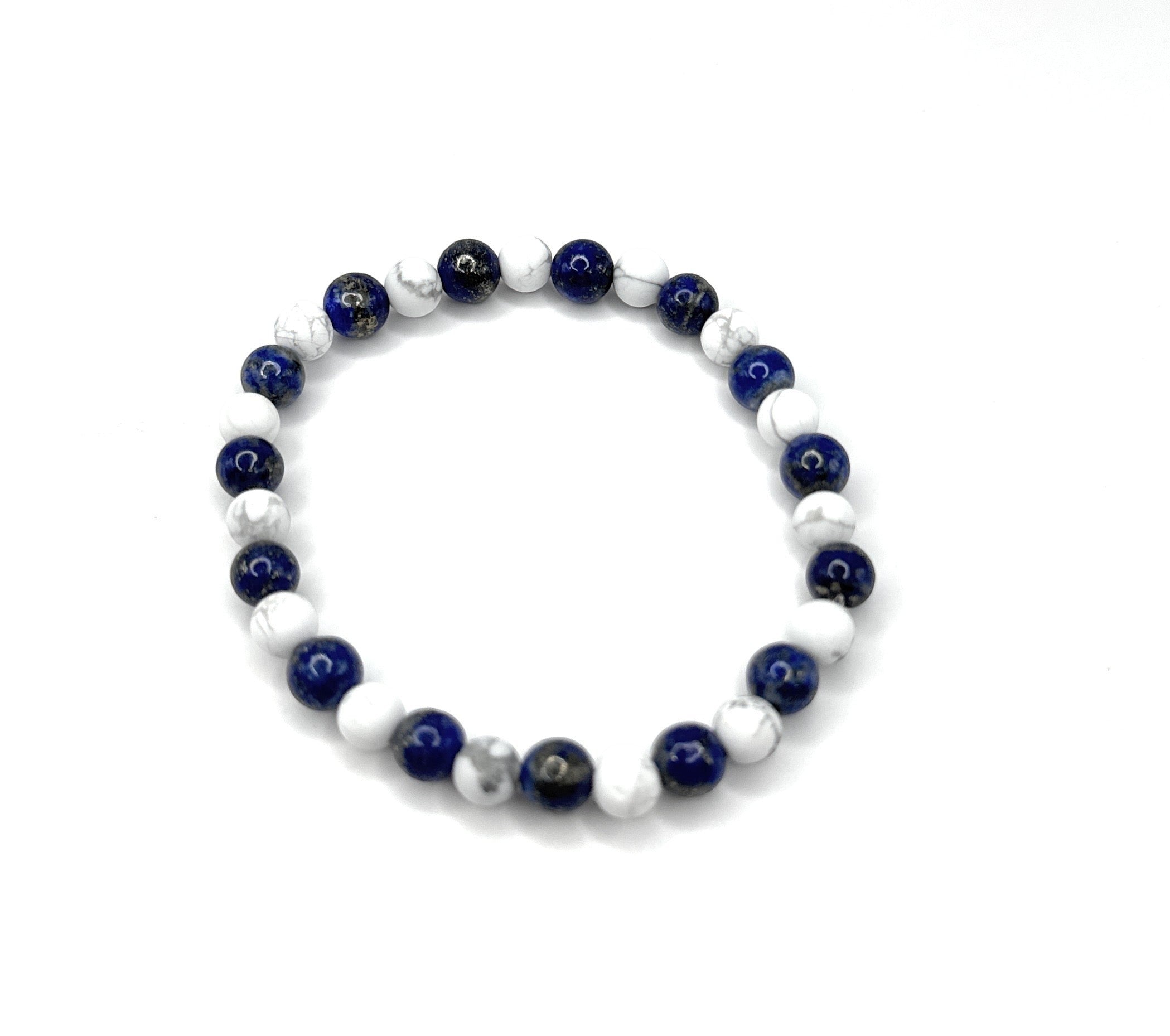 Shop of Small Creations, LLC bracelet with 6mm Lapis Lazuli and matte white Howlite beads. No clasp, made to order.