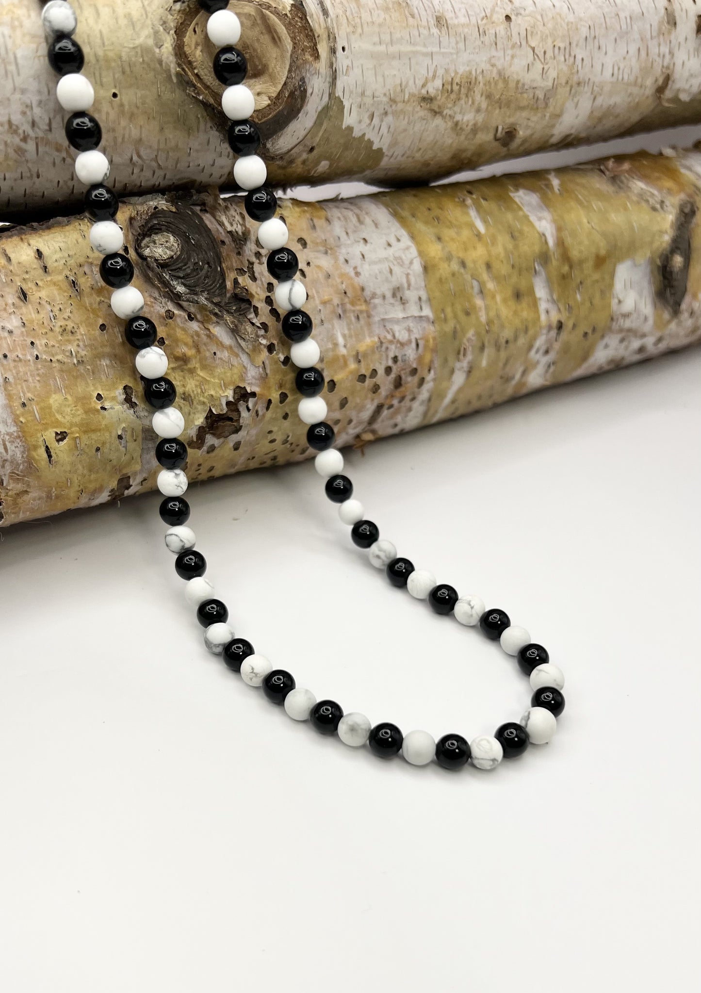 Black Onyx, Matte White Howlite Beaded Necklace - 6mm