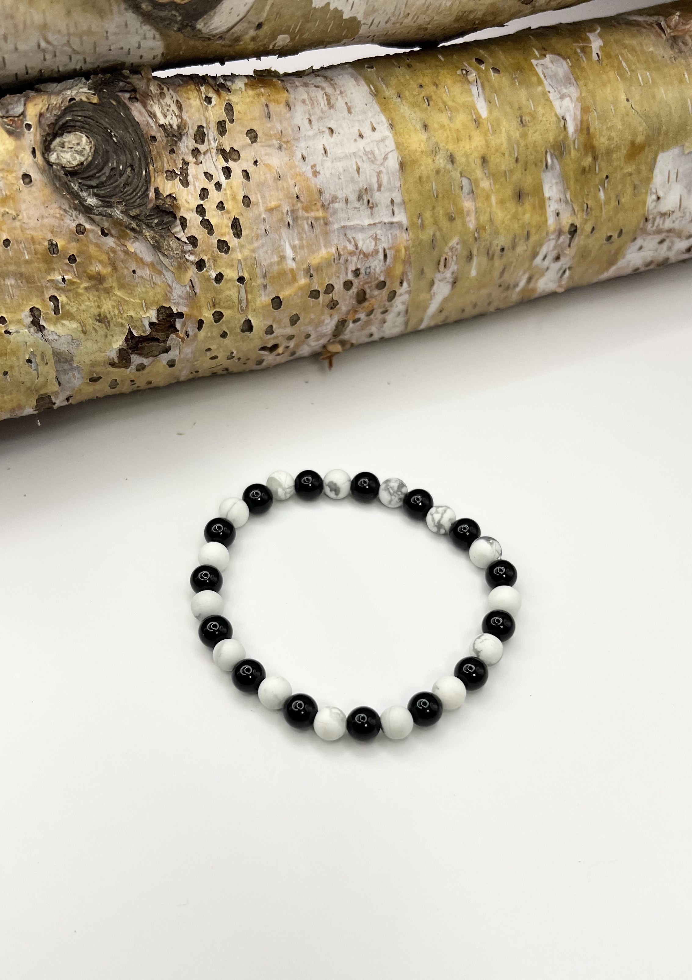 Black Onyx, Matte White Howlite Beaded Bracelet– 6mm | Handmade, Stretch