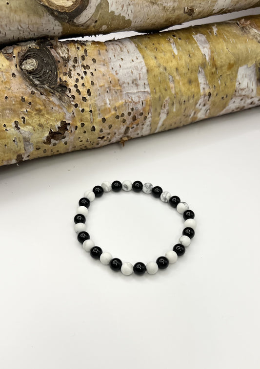 Black Onyx, Matte White Howlite Beaded Bracelet– 6mm | Handmade, Stretch